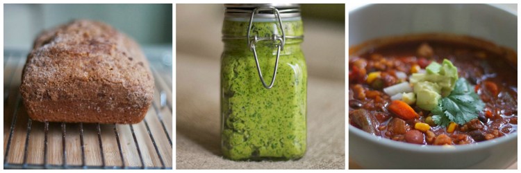 pumpkin bread, pesto, chili 