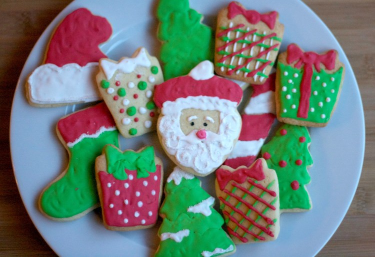 royal icing christmas sugar cookies, santa cookies, present cookies, holiday iced sugar cookies