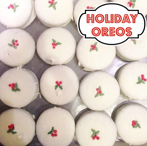 holiday white chocolate oreo cookies with holly sprinkles