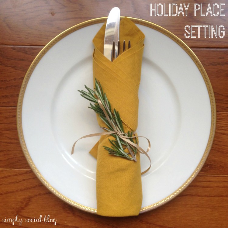 simple holiday place setting, rosemary napkin, ribbon-tied napkin, holiday china, thanksgiving place setting