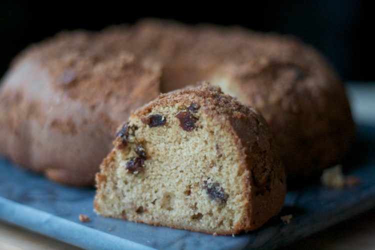 2/3 cup butter, softened 1 cup sugar 1/2 cup packed brown sugar 2 cups flour 2 eggs 1 tsp baking powder 1 tsp baking soda 1 tsp cinnamon 1/2 tsp salt 1 cup buttermilk or vanilla yogurt 1/2 cup raisins 1/2 cup chopped pecans  Topping: 1/2 cup brown sugar and 1 tsp cinnamon   Instructions: Cream together butter and sugar.  Add eggs 1 at a time, beat well. Mix dry ingredients together.  Mix in small amount of dry ingredients alternating with yogurt.  Add raisins and nuts.  Pour into 9x13 greased pan.  Sprinkle topping on and cover with foil.  Re-fridgerate overnight.  Bake at 350 degrees for 35-40 minutes in the morning.