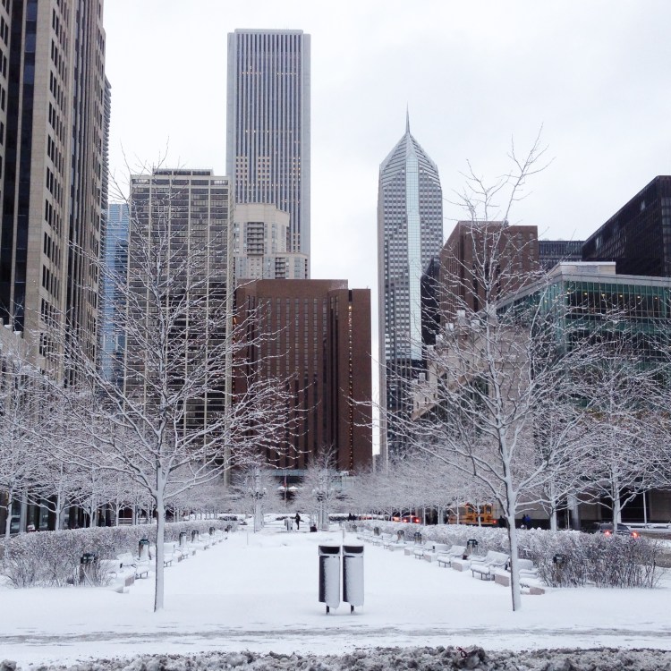 snow in march, chicago, pioneer plaza