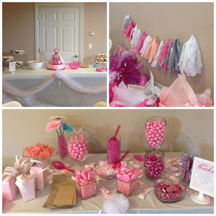 girls baby shower, tassel garland, candy bar, sweets table, diaper cake, pink baby shower, 