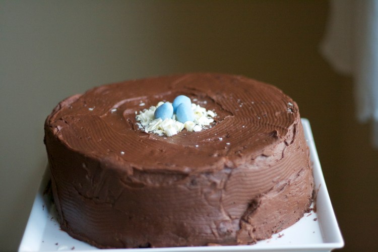 ultimate chocolate cake, birthday cake, easter cake, bird nest on top of chocolate cake 