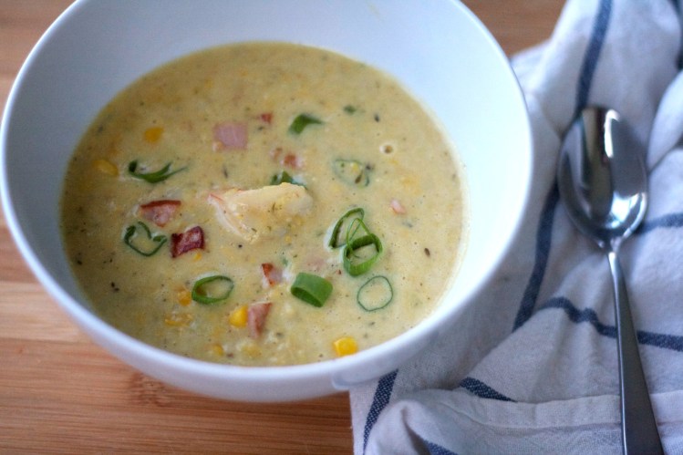 summer corn chowder recipe, soup, seafood chowder, cooking light, dinner, summer, light recipes, shrimp, bacon