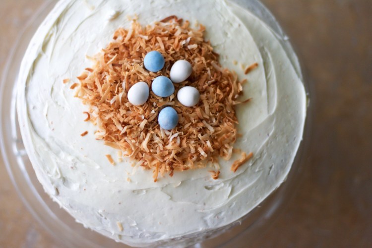 layer cake, easter cake, baking, pastel layer cake, rainbow layer cake, vanilla cake, dessert, Easter, birds nest cake topper, robin eggs, white layer cake