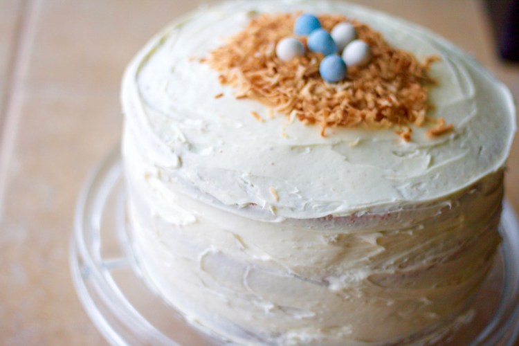 layer cake, easter cake, baking, pastel layer cake, rainbow layer cake, vanilla cake, dessert, Easter, birds nest cake topper, robin eggs, white layer cake