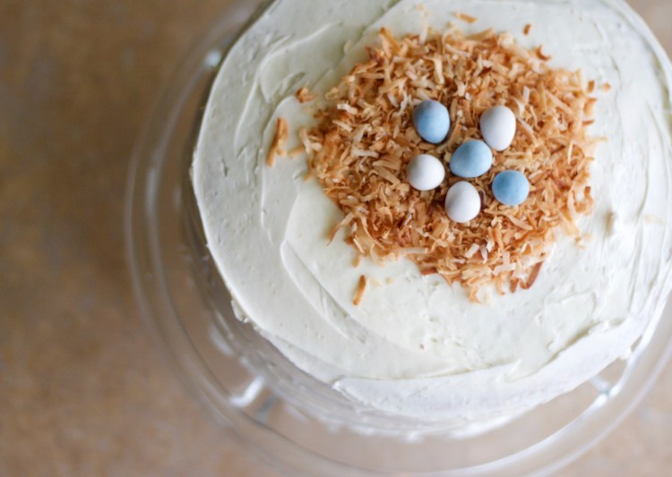 layer cake, easter cake, baking, pastel layer cake, rainbow layer cake, vanilla cake, dessert, Easter, birds nest cake topper, robin eggs, white layer cake