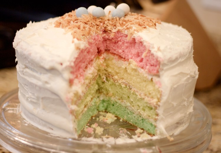 layer cake, easter cake, baking, pastel layer cake, rainbow layer cake, vanilla cake, dessert, Easter, birds nest cake topper, robin eggs, white layer cake