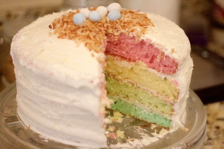 layer cake, easter cake, baking, pastel layer cake, rainbow layer cake, vanilla cake, dessert, Easter, birds nest cake topper, robin eggs, white layer cake