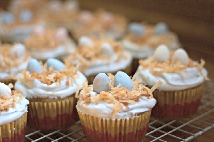 banana carrot cupcakes, easter cupcakes, baby bird's nest cupcakes, coconut, banana, carrot, dessert, baking, holiday, spring, robin egg cupcakes,