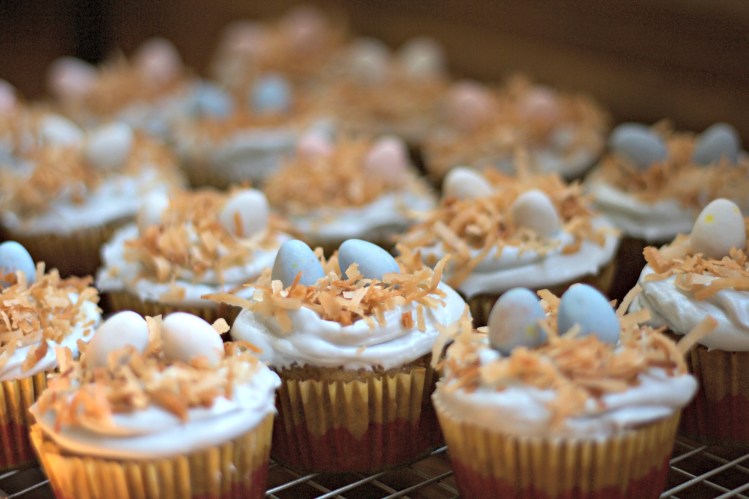 banana carrot cupcakes, easter cupcakes, baby bird's nest cupcakes, coconut, banana, carrot, dessert, baking, holiday, spring, robin egg cupcakes,