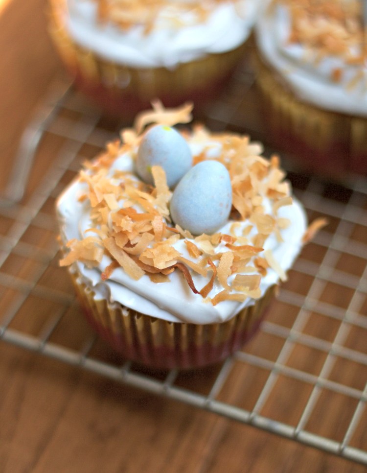 banana carrot cupcakes, easter cupcakes, baby bird's nest cupcakes, coconut, banana, carrot, dessert, baking, holiday, spring, robin egg cupcakes,