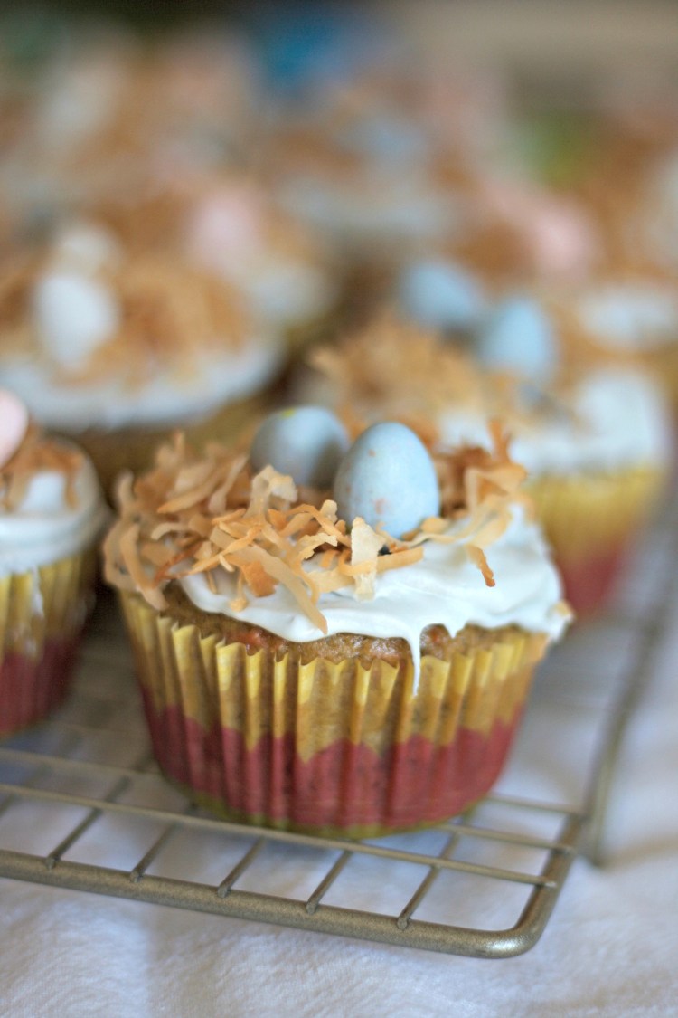 banana carrot cupcakes, easter cupcakes, baby bird's nest cupcakes, coconut, banana, carrot, dessert, baking, holiday, spring, robin egg cupcakes,