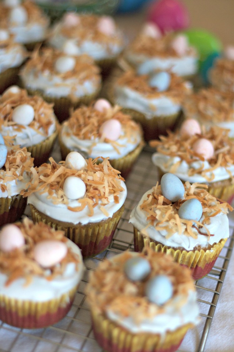 banana carrot cupcakes, easter cupcakes, baby bird's nest cupcakes, coconut, banana, carrot, dessert, baking, holiday, spring, robin egg cupcakes,