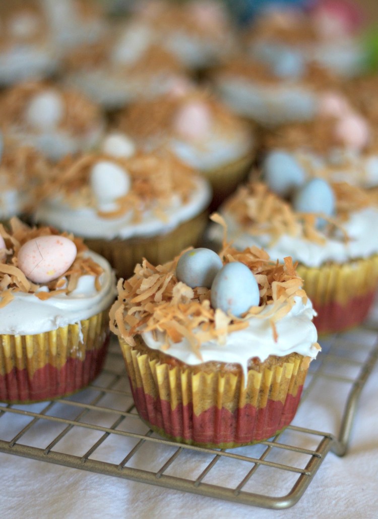 banana carrot cupcakes, easter cupcakes, baby bird's nest cupcakes, coconut, banana, carrot, dessert, baking, holiday, spring, robin egg cupcakes,