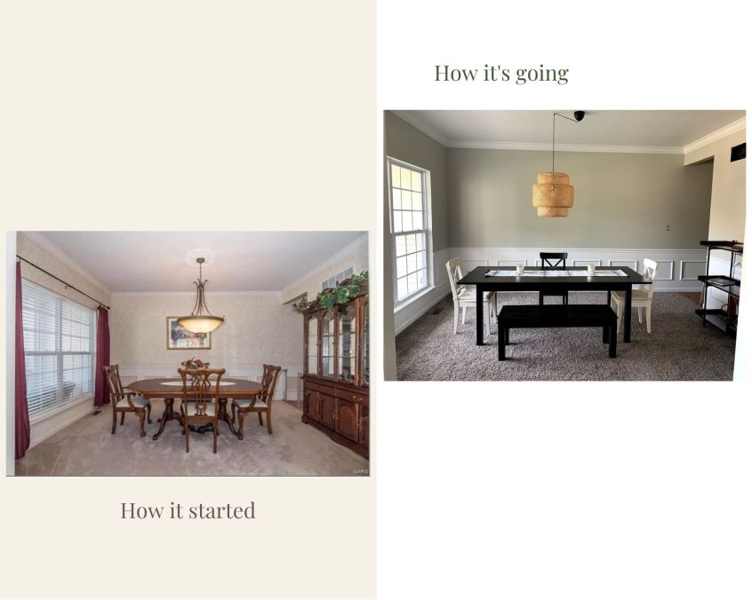 dining room renovation, before and after, DIY, sherwan williams repose gray, makeover